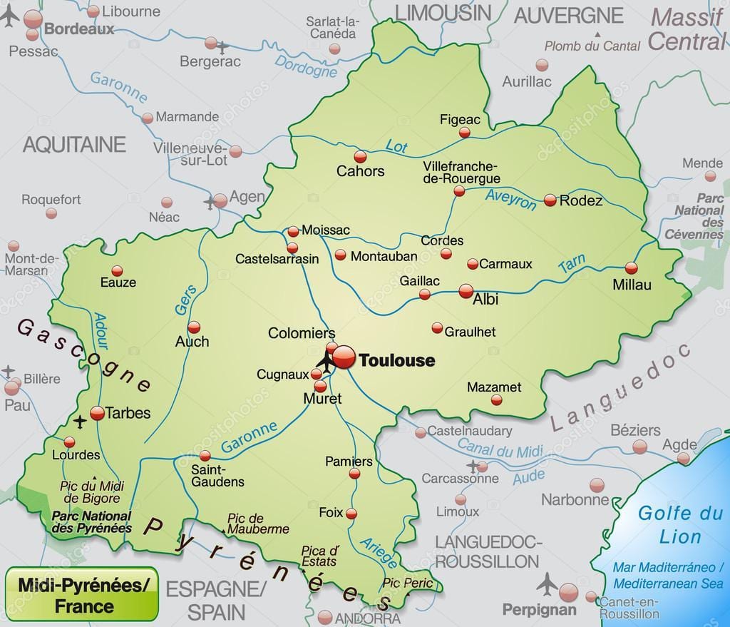 Toulouse অঞ্চলের মানচিত্র