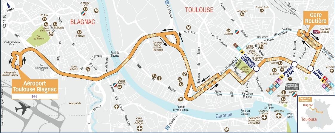 map of Toulouse, এয়ারপোর্ট শাটল রুট 